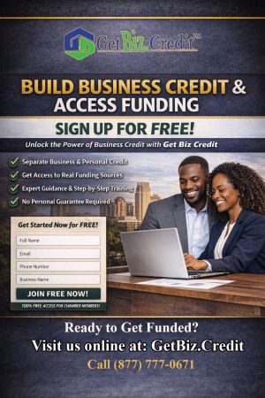 Business owners reviewing financial information on a laptop while promoting the Get Biz Credit platform for building business credit and accessing funding.