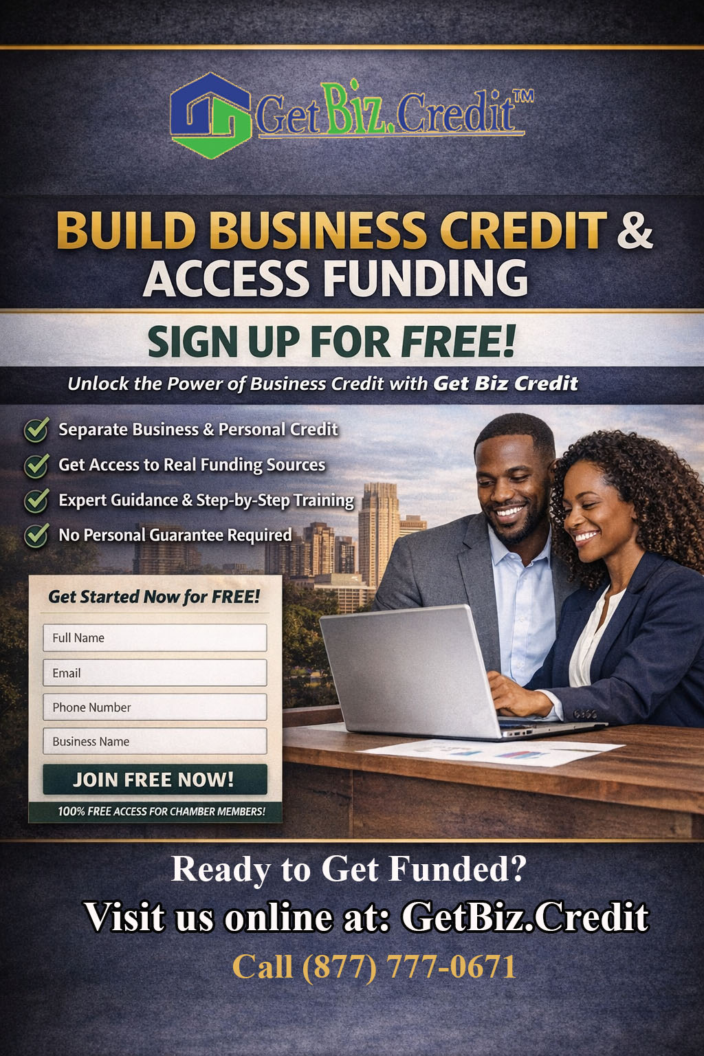 Business owners reviewing financial information on a laptop while promoting the Get Biz Credit platform for building business credit and accessing funding.